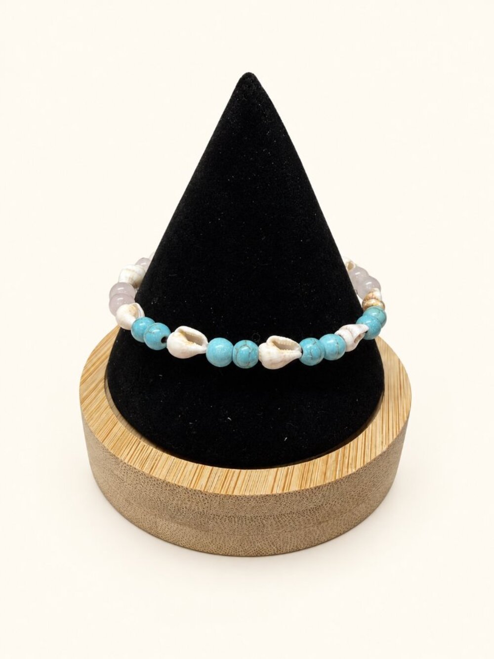 Rose Quartz Seashell Bracelet Turquoise Blue Accents Gold Tone Clasp 8 Inch